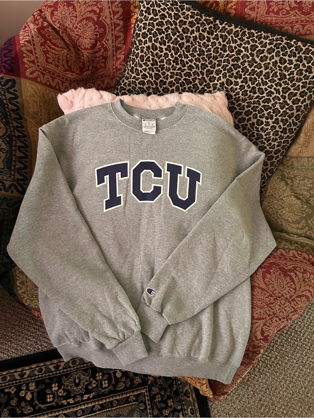 Champion Gray Crewneck Sweatshirt with Navy TCU Letters